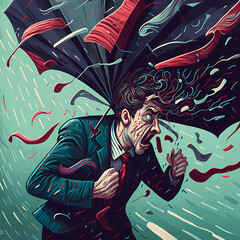 Wacky and Crazy Comic Illustration of a Man in a Windy Rain Storm with an Umbrella