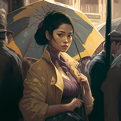 Vibrant Digital Painting Illustration of a 20s Young Asian Woman Holding an Umbrella In a Busy City Street on a Rainy Day (AI, Not Real Models)