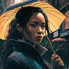 Vibrant Digital Painting Illustration of a 20s Young Asian Woman Holding an Umbrella In a Busy City Street on a Rainy Day (AI, Not Real Models)