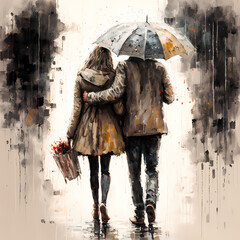 Vibrant Watercolor Painting of a Young Heterosexual Couple in the Rain Holding an Umbrella (AI)
