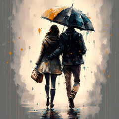 Vibrant Watercolor Painting of a Young Heterosexual Couple in the Rain Holding an Umbrella (AI) - obrazy, fototapety, plakaty