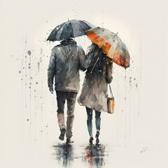 Vibrant Watercolor Painting of a Young Heterosexual Couple in the Rain Holding an Umbrella (AI)
