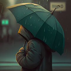 Dark and Dreary Digital Painting Illustration of a Sad Man in the Rain in the City - Emotional Art for a Moodier Rainy Day