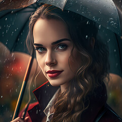 Vibrant Digital Painting Illustration of a White Caucasian Woman with Makeup Holding an Umbrella During a Rainy Day (AI, Not Real Models)