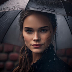 Vibrant Digital Painting Illustration of a White Caucasian Woman with Makeup Holding an Umbrella During a Rainy Day (AI, Not Real Models)