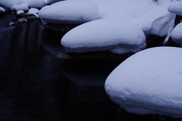 A landscape photograph of snow in a mountain stream in the middle of winter.
Mysterious feeling.
