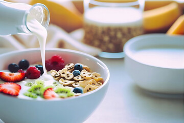 fresh milk or yogurt pouring over a bowl of cereal flakes and berries fruits cold naturiouse breakfast