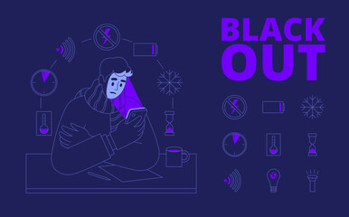 blackout concept and icons set in linear style on dark background. Vector illustration - obrazy, fototapety, plakaty