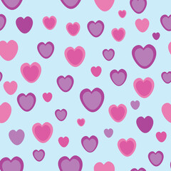 Hearts Seamless Pattern. Pink and Purple Colors. Blue light background. Vector Illustrator. 
