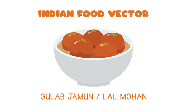 Indian Gulab Jamul or Lal Mohan - Indian sweet dessert flat vector illustration isolated on white background. Gulab Jamun clipart cartoon. Asian food. Indian cuisine. Indian food