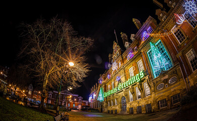 Fototapeta na wymiar View of night Leicester, a city in England’s East Midlands region, in Christmas time