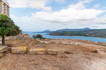 View from the ancient Poseidon Temple in the hills of Cape Sounion on the Athenian Riviera near Athens, Greece.