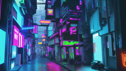 Fototapeta premium アニメ調のサイバーパンク背景イラスト(AI generated image)