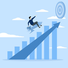 businessman pushing rocket on growth bar chart or increasing income graph. concept Business growth, increase investment profit, progress or development concept, grow fast or increase sales and revenue