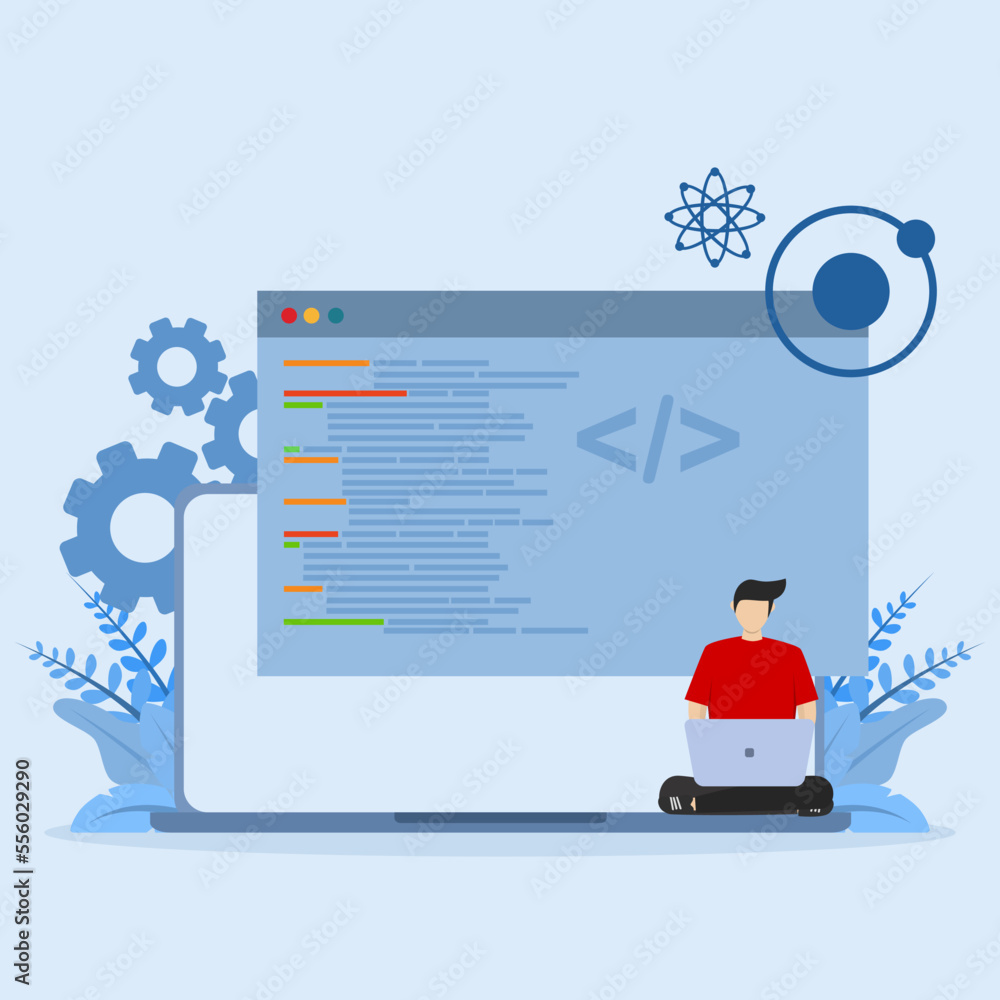 Poster men do marketing research, work with code and scripts, setup and optimization. vector illustration w