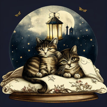 A portrait of a couple of cats sitting on top of a pillow, a storybook illustration created with generative AI technology.