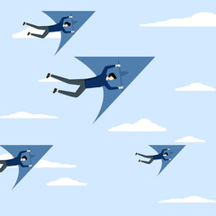 businessman flying on a glider towards growth to win challenges, innovative way to win business competition, think difference or choose winning direction, concept of ambition and our own creativity.