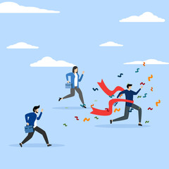 Motivation concept to win competition concept. Business people win the race celebrating victory at the finish line, skill or effort to succeed in work, business success or achievement.