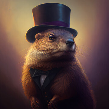 A painting of a groundhog wearing a top hat and coat created with generative AI technology
