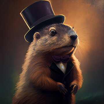 A painting of a groundhog wearing a top hat and coat created with generative AI technology
