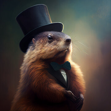 A painting of a groundhog wearing a top hat and coat created with generative AI technology