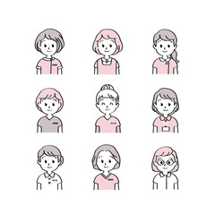 人物イラスト素材：医療現場で働く制服姿の医療従事者（女性正面/上半身/主線あり単色）　20代～（透過背景）
