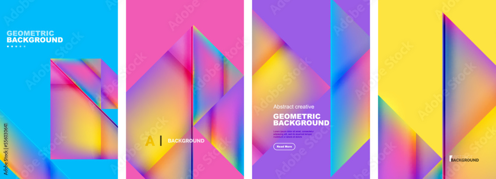 Poster set of abstract backgrounds - overlapping triangles with fluid gradients design. collection of cover