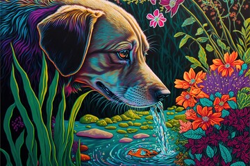 Dog drinking water from a stream, magical illustration made with Generative AI
