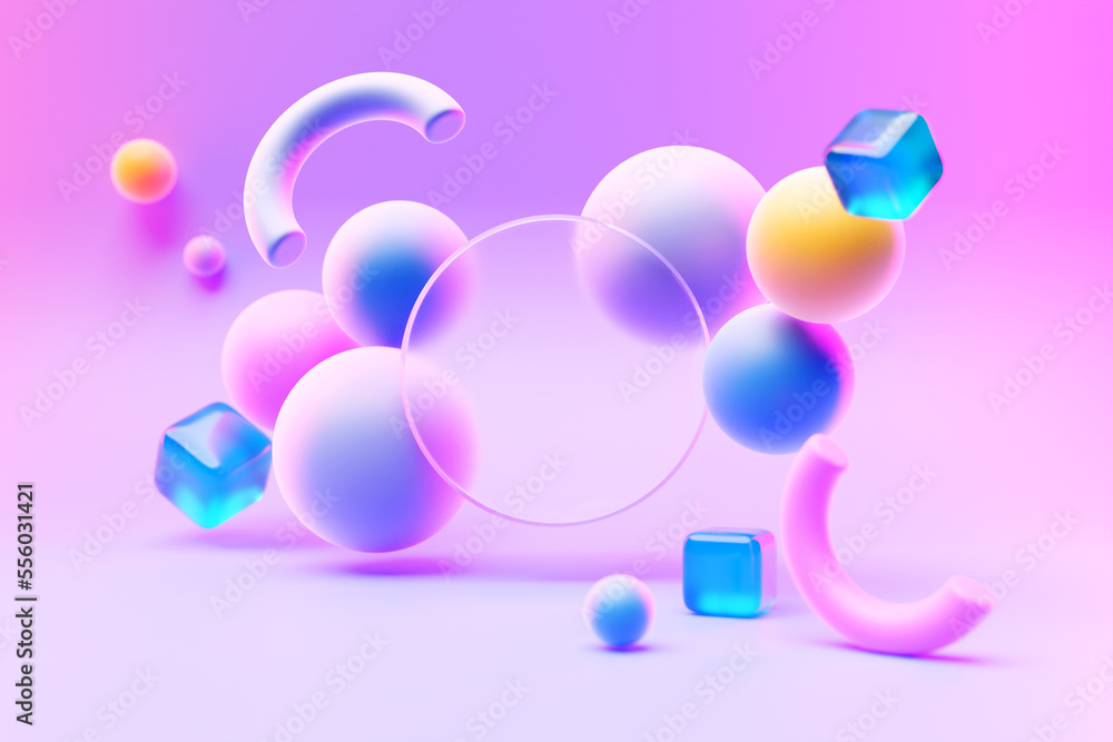 Poster 3d illustration transparent round frame for text on a colorful background with an infinity symbol