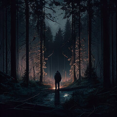 Walking in the woods at twilight created with generative AI technology