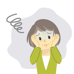 イラスト素材：シニア女性が頭を抱えて落ち込む姿/ネガティブ（透過背景）
