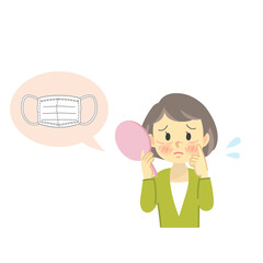 イラスト素材：シニア女性がマスク跡に悩む姿/皮膚の肌荒れ悩み（透過背景）
