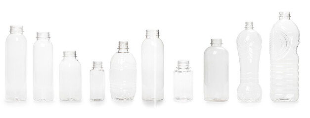 selection of quality photo collage of many different empty plastic bottles isolated on white background. production of new containers