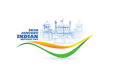 happy republic day card with red fort and wavy indian flag