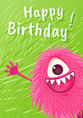 Birthday greeting card with funny cute monster.