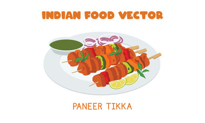 Indian Paneer Tikka - Indian grilled paneer tandoori snack flat vector illustration isolated on white background. Paneer Tikka clipart cartoon. Asian food. Indian cuisine. Indian food - obrazy, fototapety, plakaty