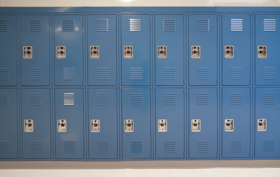 close up on blue lockers in the school