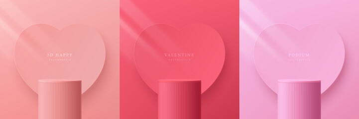 Set of 3D valentine day background with pink, coral red realistic cylinder stand podium. Heart shape backdrop. Vector geometric form. Mockup product display. Pastel minimal wall scene. Stage showcase. - obrazy, fototapety, plakaty