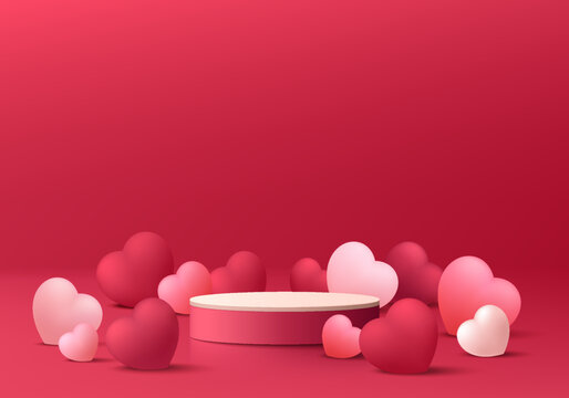 Valentine 3D background with realistic red, pink cylinder pedestal podium, Balloon hearts shape decorate. Minimal wall scene mockup product display. Abstract geometric forms. Round stage for showcase.