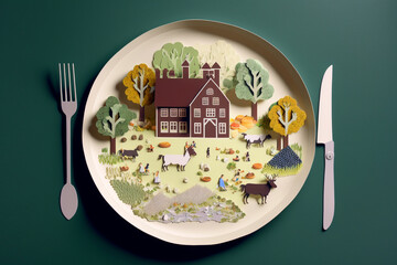 Layered Paper Cut style Illustration of a small farm on a dinner plate
