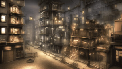 アニメ調のスチームパンク系背景イラスト(AI generated image)