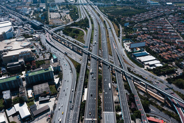 Expressway top view, Road traffic an important infrastructure in Thailand. Bangkok urban Mass Transit Project (Pink Line Monorail).	