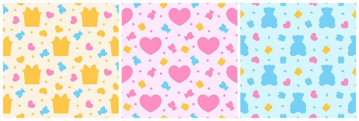 Set of Happy Valentine's Day Seamless Pattern Design with Decoration in Template Hand Drawn Cartoon Flat Illustration