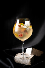 cocktail - white wine, tequila, triple,aromatic bitter, orange bitter, lime juice, syrup, topping with jelly and marshmello and mixed fruits