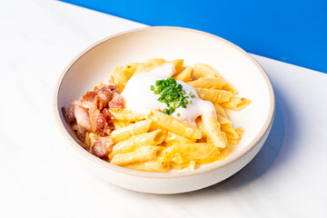 penne pasta carbonara bacon with egg