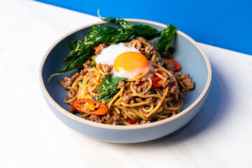 spaghetti with spicy basil beef and egg