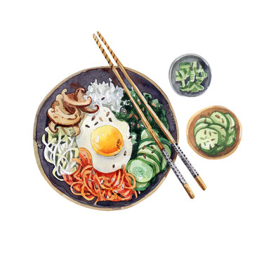 Asian cuisine traditional dish with rice and vegetables watercolor illustration isolated on white background. Korean cuisine dish, bibimbap, isolated illustration.