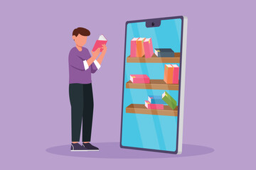 Cartoon flat style drawing young male student reading book while standing in front of large smartphone with bookshelf on screen. Mobile education technology concept. Graphic design vector illustration