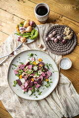 Flatlay image of plates of colorful and healthy food, ingredients