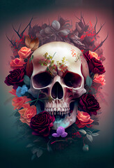 Skull Surrounded with White and Pink Flowers. Generative ai